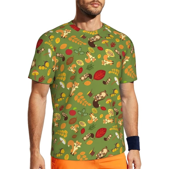 Rocae Squirrel And Fox In The Forest for Men's Mesh Quick-Dry Short Sleeve Workout T-Shirt,Mens Crew Neck Tee Lightweight Soft Classic T Shirts X-Small