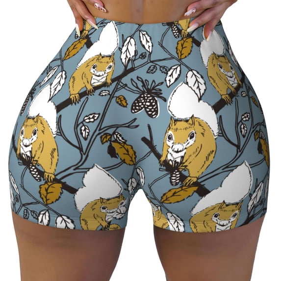 Rocae Squirrel And Leaves for Women's Quick-Dry Running Shorts,Ladies Active Athletic Apparel Yoga Workout Gym Running Volleyball Spandex Shorts XX-Large
