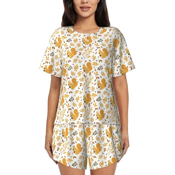 Rocae Squirrel And Leaves for Two Piece Sleepwear Pajamas Sets for Women Soft Short-Sleeved Pjs with Lounge Shorts 4X-Large