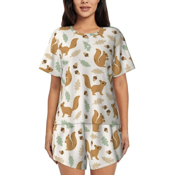 Rocae Squirrel And Leaves for Two Piece Sleepwear Pajamas Sets for Women Soft Short-Sleeved Pjs with Lounge Shorts Small