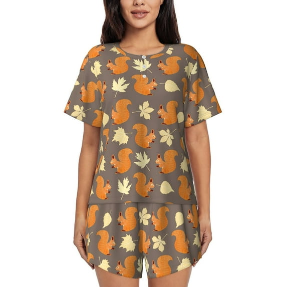 Rocae Squirrel And Maple Leaves for Two Piece Sleepwear Pajamas Sets for Women Soft Short-Sleeved Pjs with Lounge Shorts Small