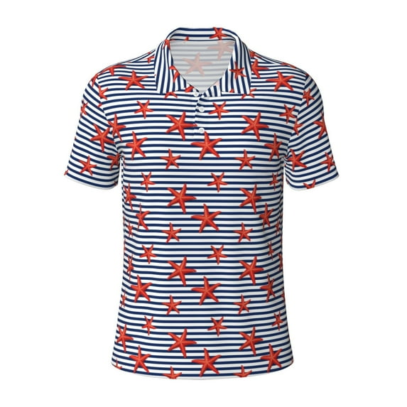 Rocae Starfish Navy Blue Stripe for Men's Short Sleeve Polo Shirt, Quick Drying Performance Moisture Wicking Sports Men's Golf Shirt