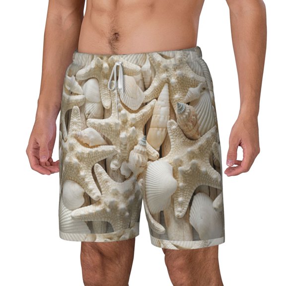 Rocae Starfish and Sea Shells for Men's Swim Trunks Quick Dry With Two Side Pockets and One Lined Patch PocketSmall