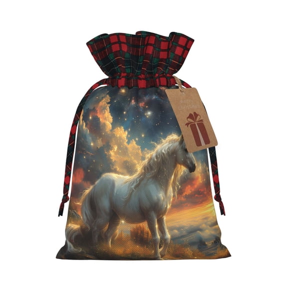Rocae Starry Sky White Horse Print Christmas Drawstring Linen Gift Bag with Drawstrings Treat Bag Goody Present Bags for Christmas Party Favor