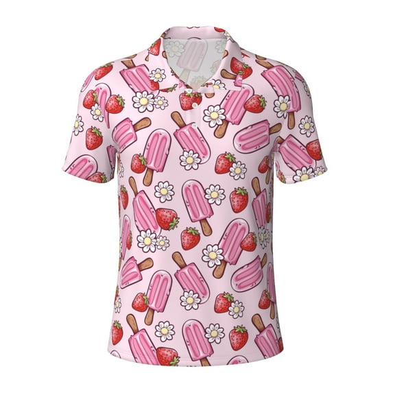 Rocae Strawberry Popsicle for Men's Short Sleeve Polo Shirt, Quick Drying Performance Moisture Wicking Sports Men's Golf Shirt Medium