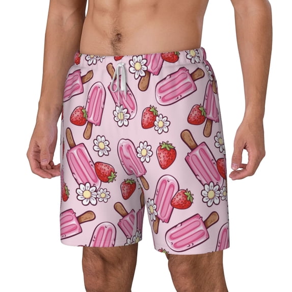 Rocae Strawberry Popsicle for Men's Swim Trunks Quick Dry With Two Side Pockets and One Lined Patch PocketX-Large