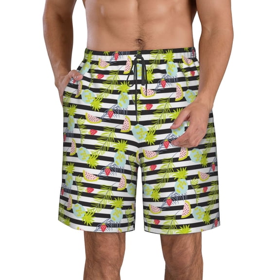 Rocae Striped With Palm Tree Branches for Men's Beach Shorts Casual Elastic Waist Drawstring Summer Beach Shorts,S-3XL-Small
