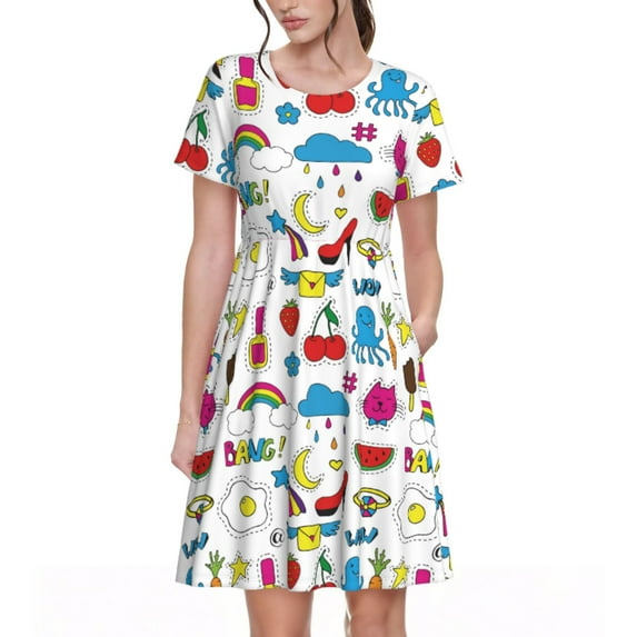 Rocae Summer for Dresses Summer Casual Ruffle Short Sleeve Cute Crew Neck Flowy Dress with Pockets