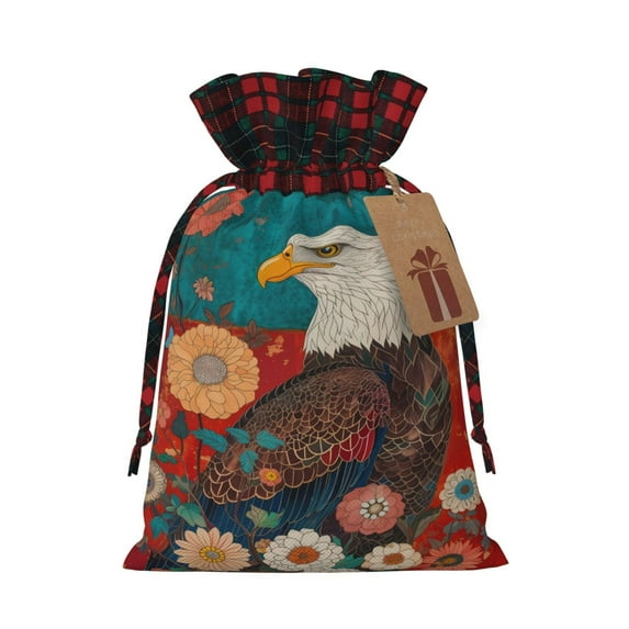 Rocae Sunflower Bald Eagle Print Christmas Drawstring Linen Gift Bag with Drawstrings Treat Bag Goody Present Bags for Christmas Party Favor
