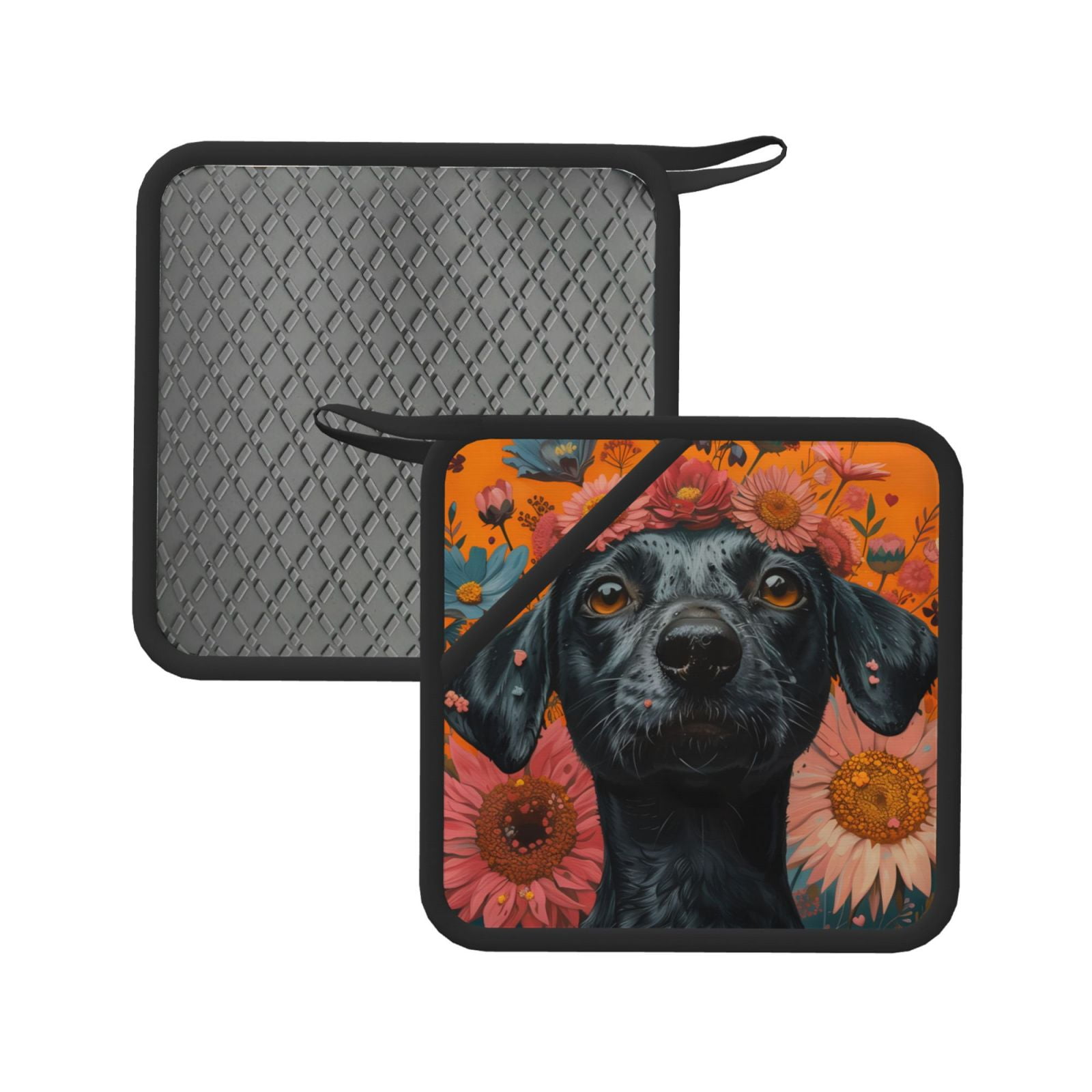 Rocae Sunflower Black Dog for Square Silicone Antiscalding Mat Trivet