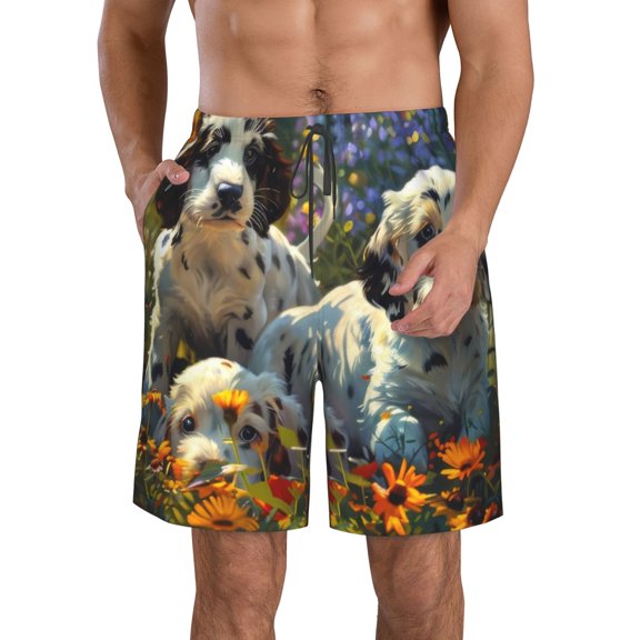 Rocae Sunflower Field Spotted Dog for Men's Beach Shorts Casual Elastic Waist Drawstring Summer Beach Shorts,S-3XL-Small