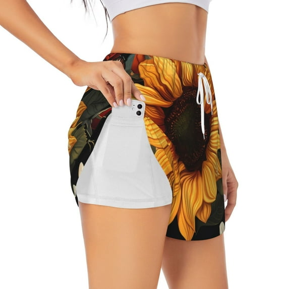 Rocae Sunflower Floral Butterfly for Women's Athletic Shorts Workout Hiking Shorts Athletic Shorts for Running, Yoga, Gym, Sports-Large