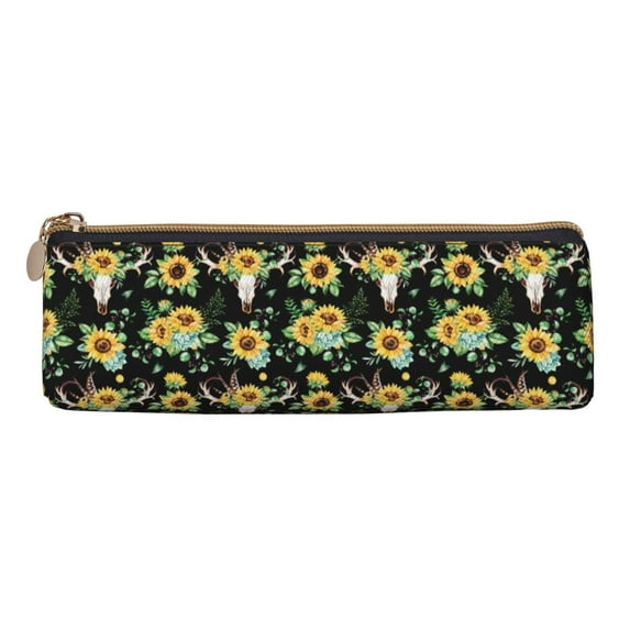 Rocae Sunflower Skull Boho for Leather Pencil Case - Zippered Pen Case Stationery Bag Zipper Pouch Pencil Holder For Men Women Businessmen And Artists