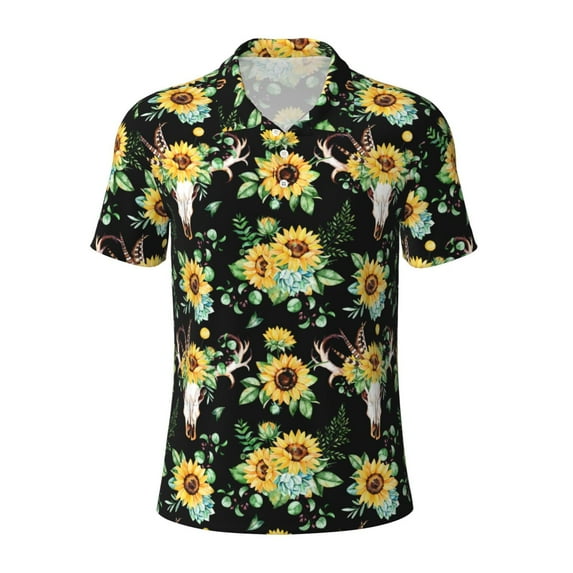 Rocae Sunflower Skull Boho for Men's Short Sleeve Polo Shirt, Quick Drying Performance Moisture Wicking Sports Men's Golf Shirt