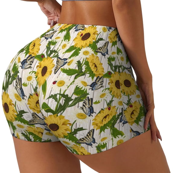 Rocae Sunflowers And Butterflies for Women's Quick-Dry Running Shorts,Ladies Active Athletic Apparel Yoga Workout Gym Running Volleyball Spandex Shorts-X-Large