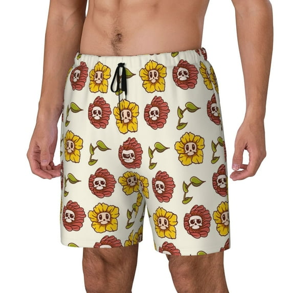 Rocae Sunflowers And Skull for Men's Swim Trunks Quick Dry With Two Side Pockets and One Lined Patch PocketX-Large