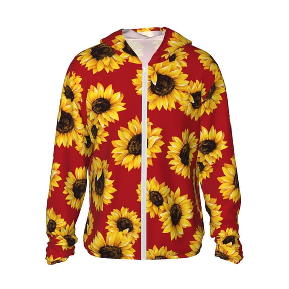 Rocae Sunflowers On Red Print Breathable Sun Protection Hoodie Quick-Dry Lightweight Long Sleeve Hoodie Unisex Running Sports Shirt XX-Large