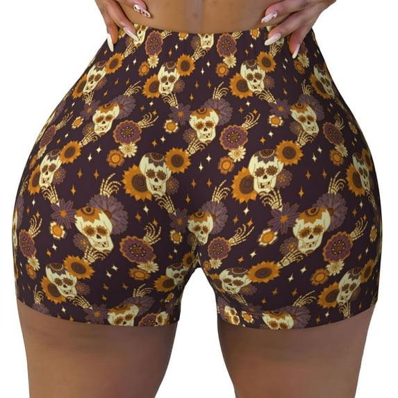 Rocae Sunflowers with Skull and Hand for Women's Quick-Dry Running Shorts,Ladies Active Athletic Apparel Yoga Workout Gym Running Volleyball Spandex Shorts X-Large