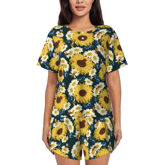 Rocae Sunflowers for Two Piece Sleepwear Pajamas Sets for Women Soft Short-Sleeved Pjs with Lounge Shorts Large