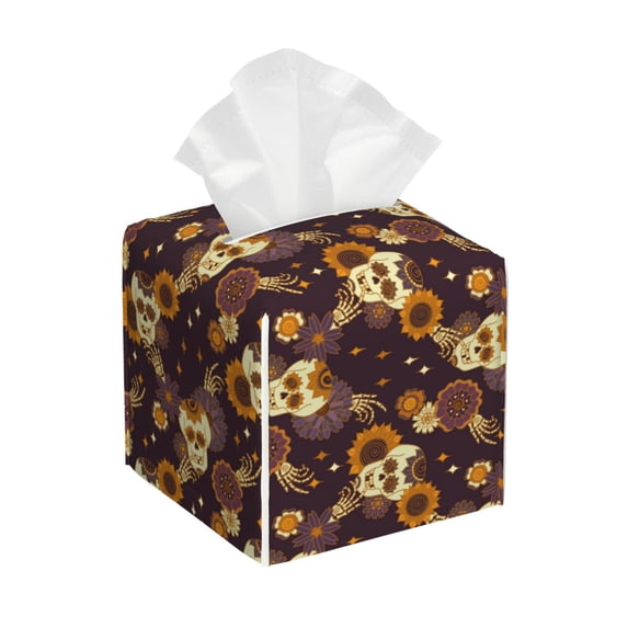 Rocae Sunflowers with Skull and Hand for High-grade Leather Tissue Box, Exquisite Fashionable Design, Office Tissue Box, Waterproof Family Tissue Box