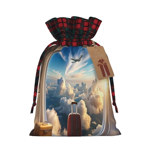 Rocae Sunset Airplane Travel View Print Christmas Drawstring Linen Gift Bag with Drawstrings Treat Bag Goody Present Bags for Christmas Party Favor