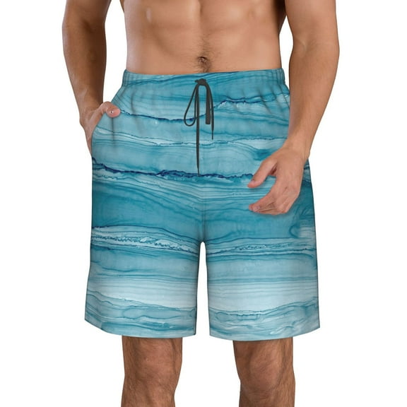 Rocae Teal Turquoise Fluid Stripes for Men's Beach Shorts Casual Elastic Waist Drawstring Summer Beach Shorts,S-3XL-Small