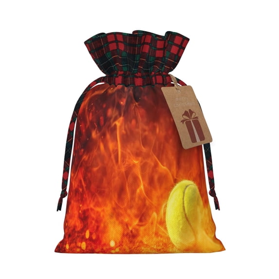 Rocae Tennis Ball In Fire Print Christmas Drawstring Linen Gift Bag with Drawstrings Treat Bag Goody Present Bags for Christmas Party Favor
