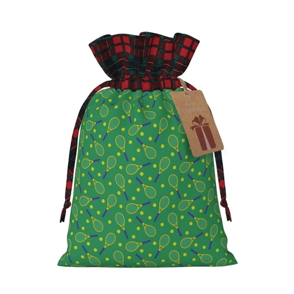 Rocae Tennis Rockets And Balls Print Christmas Drawstring Linen Gift Bag with Drawstrings Treat Bag Goody Present Bags for Christmas Party Favor