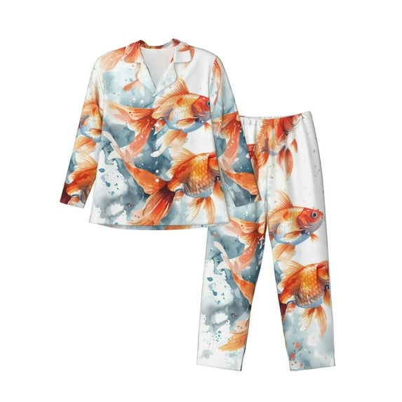 Rocae Three Goldfish Watercolor Splash for Men's Pajamas Set Mens Pjs Sets Long Sleeve Button Down Sleepwear-Large