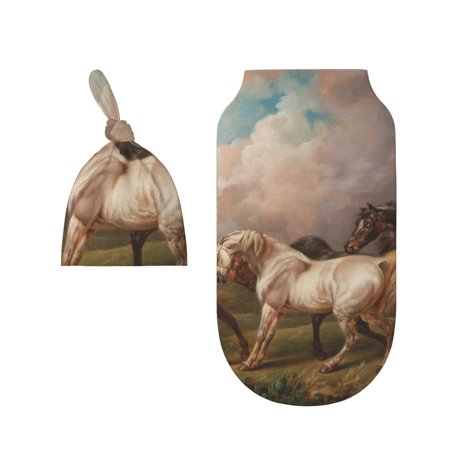 Rocae Three Horses Oil Painting for Baby Swaddle Blanket with Hats Set