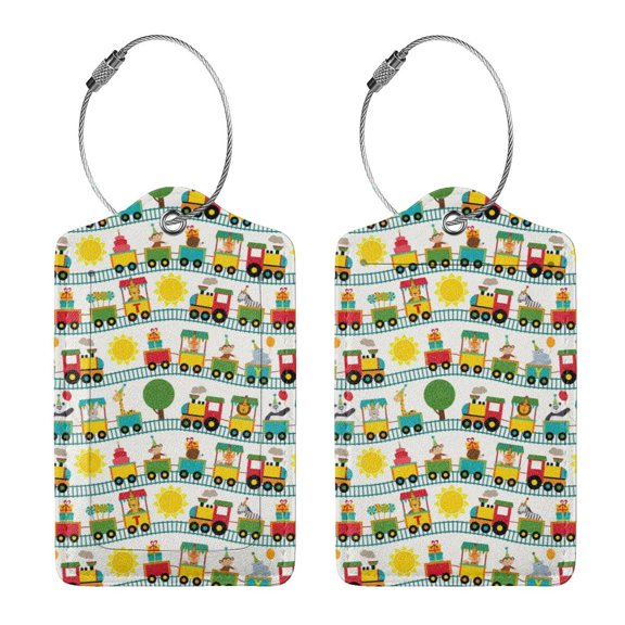 Rocae Train With Animals for Leather Luggage Baggage Tags ID Label Privacy Cover ID Label with Stainless Steel Loop and Address Card