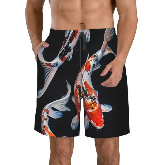 Rocae Tricolor Koi Fish Trio for Men's Beach Shorts Casual Elastic Waist Drawstring Summer Beach Shorts,S-3XL-Small