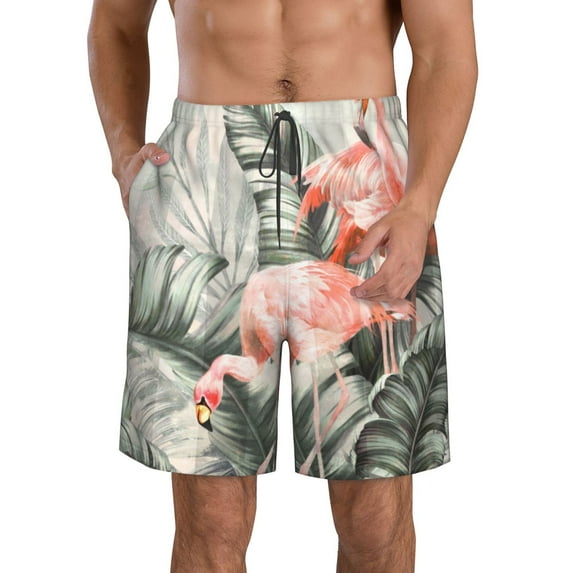 Rocae Tropical With Flamingos for Men's Beach Shorts Casual Elastic Waist Drawstring Summer Beach Shorts,S-3XL-Medium