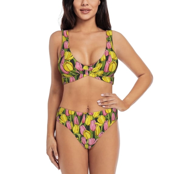 Rocae Tulips Flowers for Bikini Set for Women Two Piece Sexy High Swimsuits Split Crossover Bikini Medium
