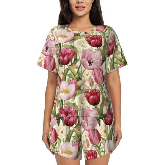 Rocae Tulips Flowers for Two Piece Sleepwear Pajamas Sets for Women Soft Short-Sleeved Pjs with Lounge Shorts Small