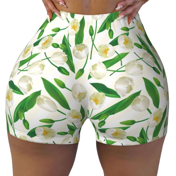 Rocae Tulips Flowers for Women's Quick-Dry Running Shorts,Ladies Active Athletic Apparel Yoga Workout Gym Running Volleyball Spandex Shorts X-Large