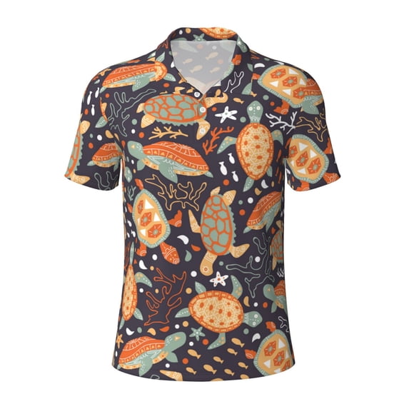 Rocae Turtles and Sea Plants for Men's Short Sleeve Polo Shirt, Quick Drying Performance Moisture Wicking Sports Men's Golf Shirt Medium