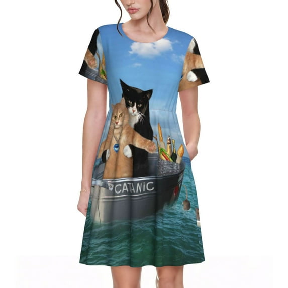 Rocae Two Brave Cats Are Floating On The Sea Iceberg for Dresses Summer Casual Ruffle Short Sleeve Cute Crew Neck Flowy Dress with Pockets