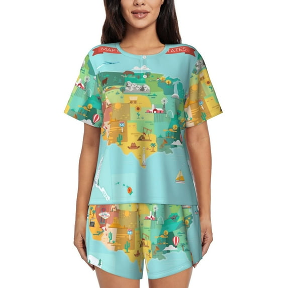 Rocae USA Tourist Map for Two Piece Sleepwear Pajamas Sets for Women Soft Short-Sleeved Pjs with Lounge Shorts X-Large