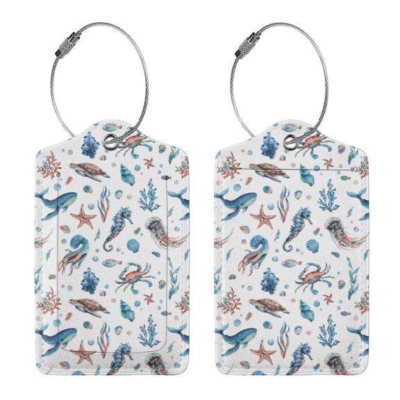 Rocae Undersea Animals for Leather Luggage Baggage Tags ID Label Privacy Cover ID Label with Stainless Steel Loop and Address Card