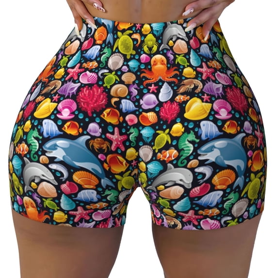 Rocae Underwater Diving Animals for Women's Quick-Dry Running Shorts,Ladies Active Athletic Apparel Yoga Workout Gym Running Volleyball Spandex Shorts XX-Large