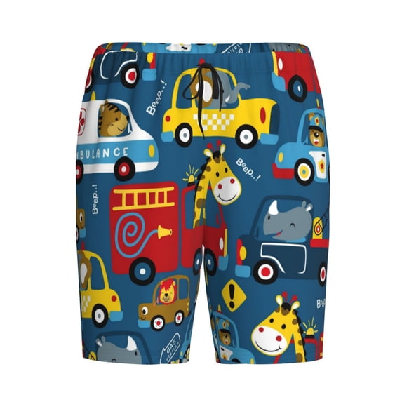 Rocae Vehicles Cartoon with Funny Drivers for Men's Soft Sleep Pajama Shorts, Waistband and Pockets