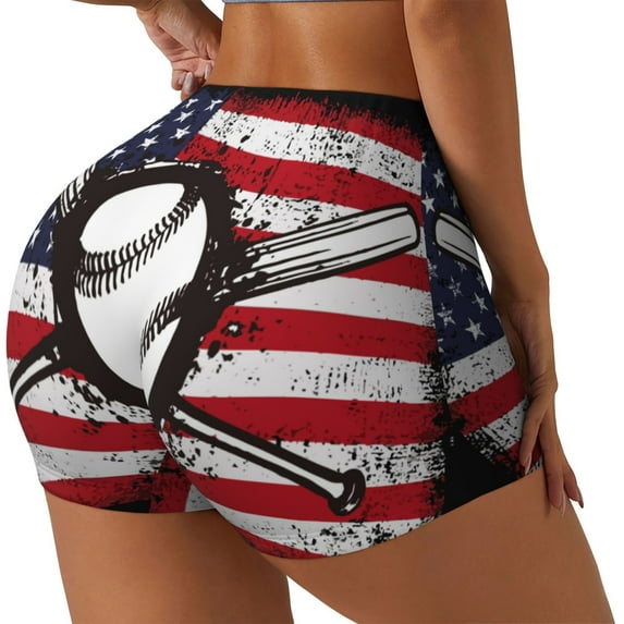Rocae Vintage Baseball American Flag for Women's Quick-Dry Running Shorts,Ladies Active Athletic Apparel Yoga Workout Gym Running Volleyball Spandex Shorts-X-Large