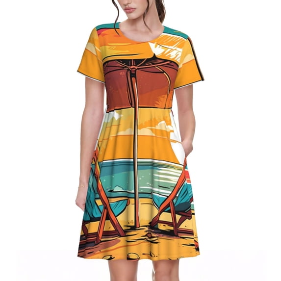 Rocae Vintage Beach Sunset for Dresses Summer Casual Ruffle Short Sleeve Cute Crew Neck Flowy Dress with Pockets