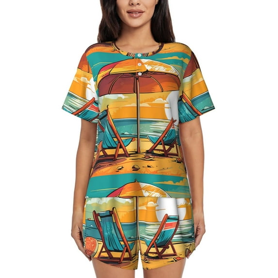 Rocae Vintage Beach Sunset for Two Piece Sleepwear Pajamas Sets for Women Soft Short-Sleeved Pjs with Lounge Shorts -3X-Large