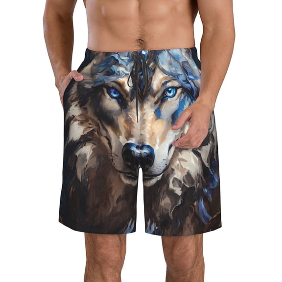 Rocae Vintage Blue Floral Wolf for Men's Beach Shorts Casual Elastic Waist Drawstring Summer Beach Shorts,S-3XL-Small