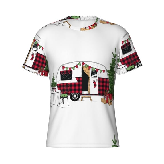 Rocae Vintage Buffalo Plaid Christmas Camper for Men's Moisture-Wicking Crew Tee - T-Shirt for Sports, Outdoor Activities, and Casual WearX-Large