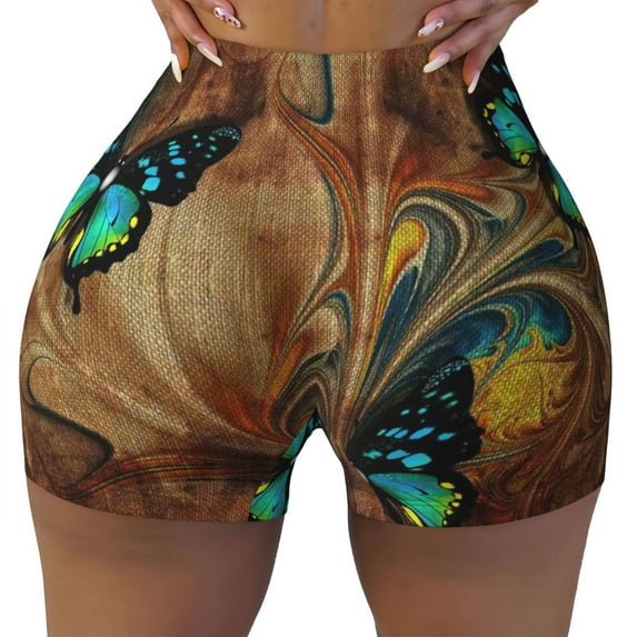 Rocae Vintage Butterfly Green for Women's Quick-Dry Running Shorts,Ladies Active Athletic Apparel Yoga Workout Gym Running Volleyball Spandex Shorts Large