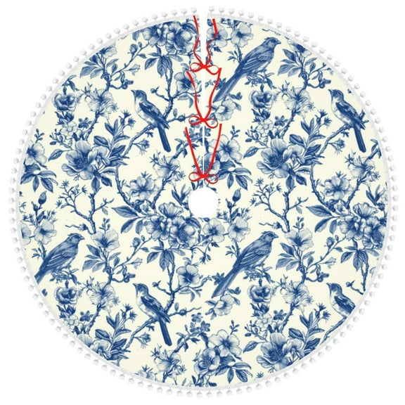 Rocae Vintage Floral Birds for Christmas Tree Skirt with Pom Pom Trim for Holiday Party for Holiday Home Decor Indoor Outdoor-30"