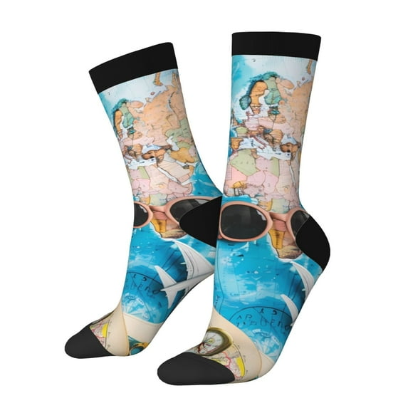 Rocae Vintage Map Travel Essentials for Adult Socks Casual Athletic Stretchy Loose Socks for Women Men Non-Slip Middle Tube Socks
